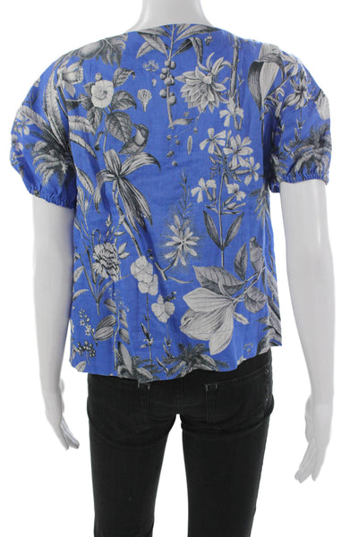 J Crew Women Linen V Neck Floral Blouse Short Sleeve Blue Pullover Size XS
