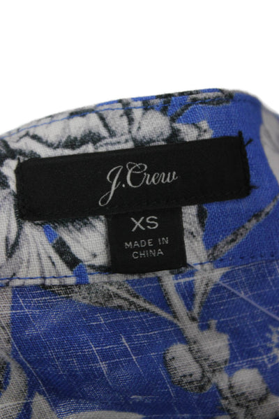 J Crew Women Linen V Neck Floral Blouse Short Sleeve Blue Pullover Size XS
