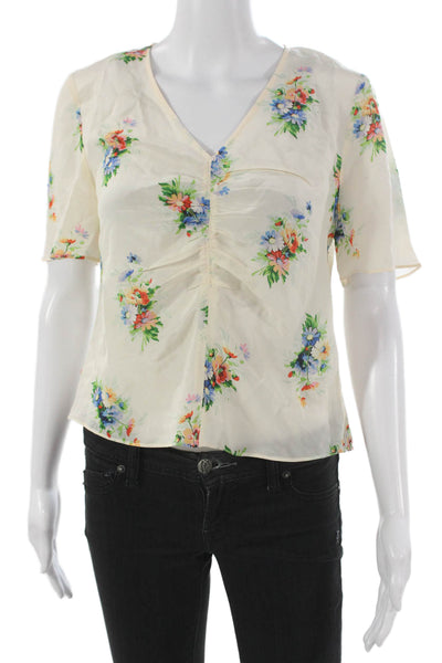 Madewell Womens Floral Silk V Neck Short Sleeve Blouse Zip Size 4P
