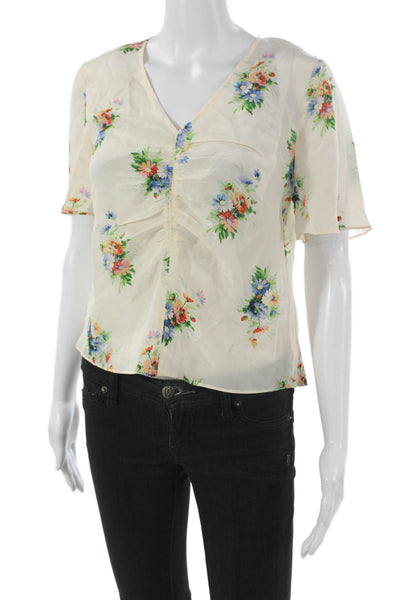 Madewell Womens Floral Silk V Neck Short Sleeve Blouse Zip Size 4P