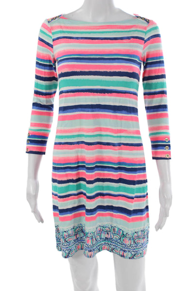 Lilly Pulitzer Women Striped Boat Neck 3/4 Sleeve Short Rayon Dress Size XS