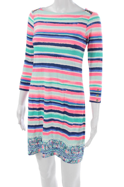 Lilly Pulitzer Women Striped Boat Neck 3/4 Sleeve Short Rayon Dress Size XS