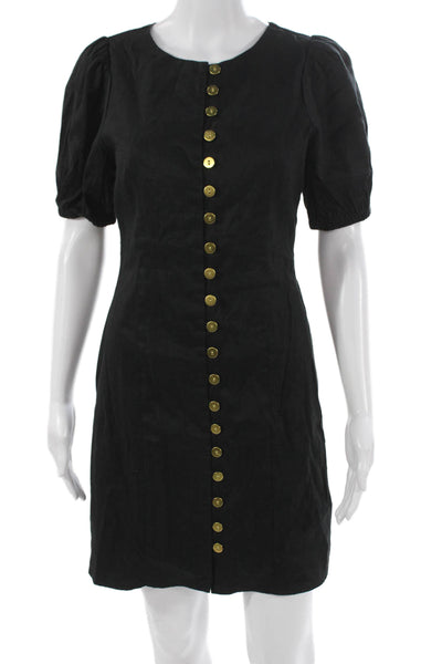 J Crew Womens Black Linen Mini Short Sleeve Dress Round Neck Button Size 2