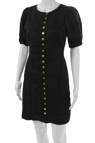J Crew Womens Black Linen Mini Short Sleeve Dress Round Neck Button Size 2