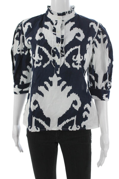 Madison Mathews Women Tunic Blouse Blue Geometric 3/4 Sleeve Cotton Size S