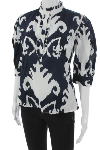 Madison Mathews Women Tunic Blouse Blue Geometric 3/4 Sleeve Cotton Size S