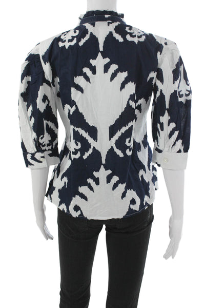 Madison Mathews Women Tunic Blouse Blue Geometric 3/4 Sleeve Cotton Size S