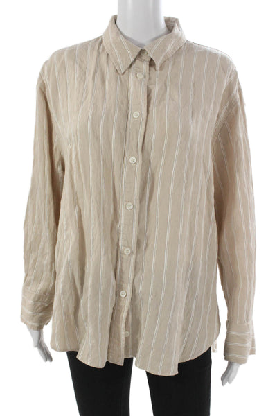 Zara Womens Basic Striped Collared Button-Up Long Sleeve Beige Size L
