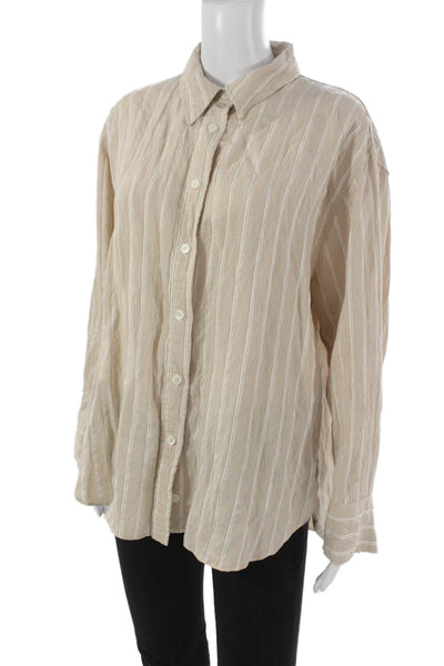 Zara Womens Basic Striped Collared Button-Up Long Sleeve Beige Size L
