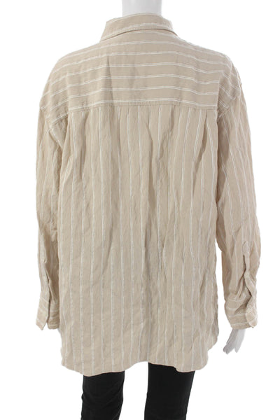 Zara Womens Basic Striped Collared Button-Up Long Sleeve Beige Size L
