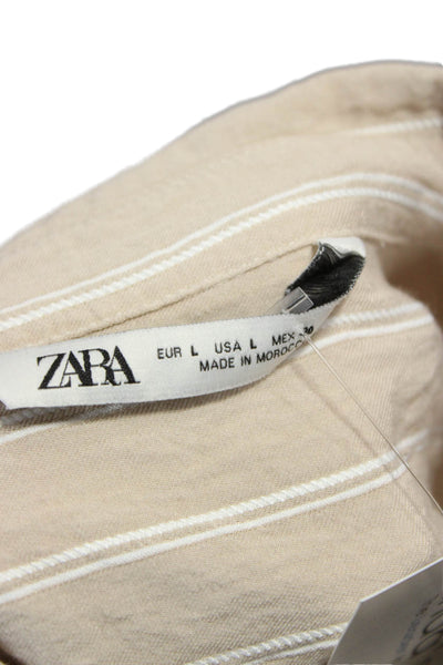 Zara Womens Basic Striped Collared Button-Up Long Sleeve Beige Size L