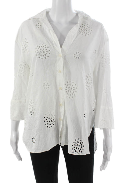 Zara Women Tunic Button-Up White Cotton Floral Collared 3/4 Sleeve Size M