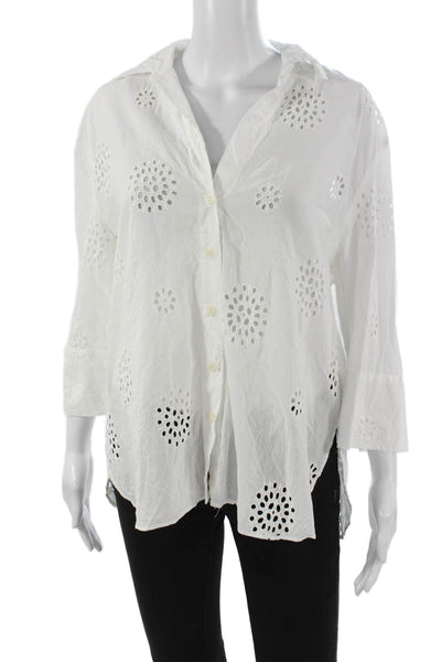 Zara Women Tunic Button-Up White Cotton Floral Collared 3/4 Sleeve Size M