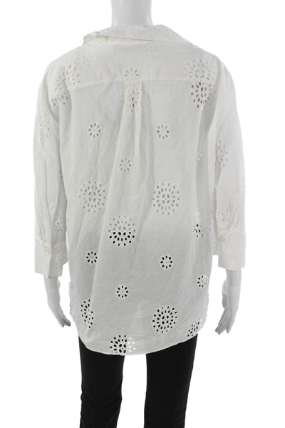 Zara Women Tunic Button-Up White Cotton Floral Collared 3/4 Sleeve Size M