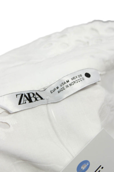 Zara Women Tunic Button-Up White Cotton Floral Collared 3/4 Sleeve Size M