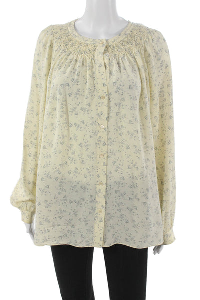 Vince Women Tunic Blouse Yellow Silk Floral Long Sleeve Round Neck Size M