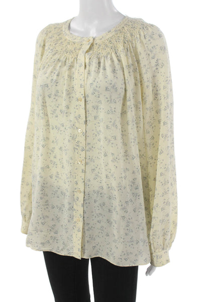 Vince Women Tunic Blouse Yellow Silk Floral Long Sleeve Round Neck Size M