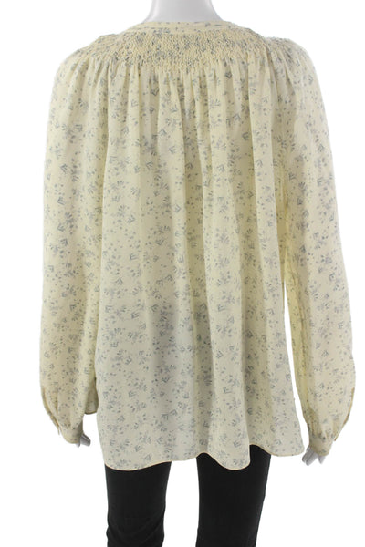 Vince Women Tunic Blouse Yellow Silk Floral Long Sleeve Round Neck Size M
