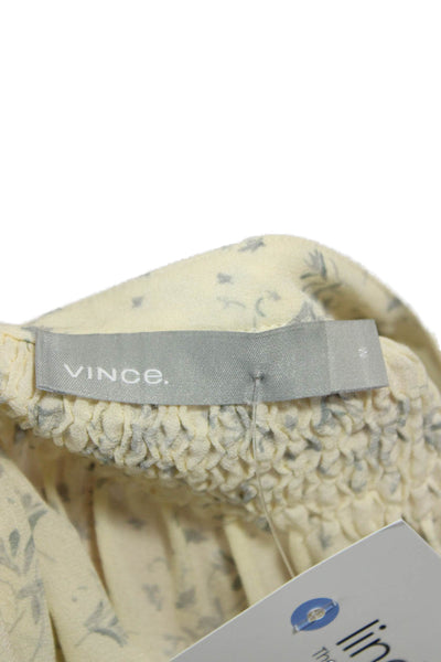 Vince Women Tunic Blouse Yellow Silk Floral Long Sleeve Round Neck Size M