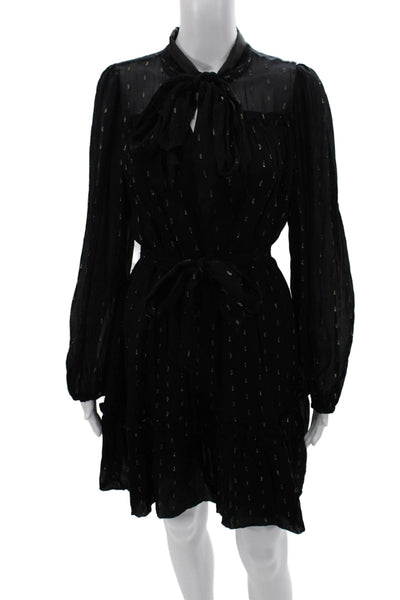 Toccin Womens Shift Dress Black Collared Tie Neck Long Sleeve Viscose Size 8