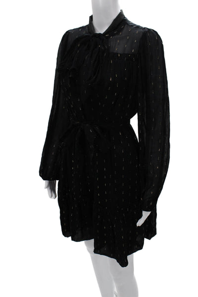Toccin Womens Shift Dress Black Collared Tie Neck Long Sleeve Viscose Size 8