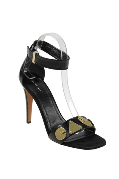 Celine Womens Stiletto Metal Geometric Ankle Strap Sandals Black Leather Size 38