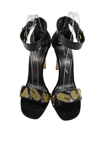 Celine Womens Stiletto Metal Geometric Ankle Strap Sandals Black Leather Size 38