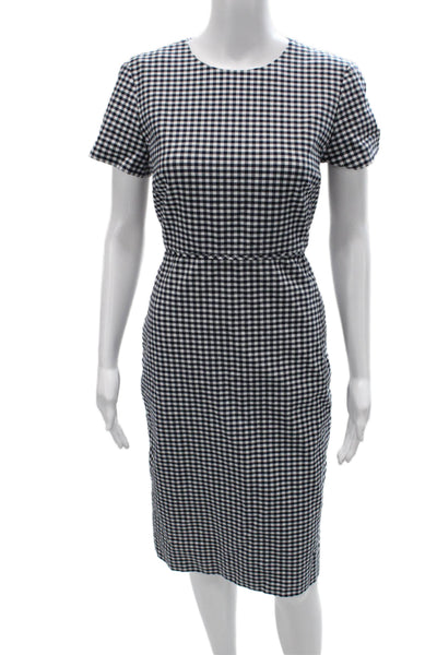 J Crew Womens Pencil Dress Black Gingham Cotton Blend Crew Neck Zip Size 4