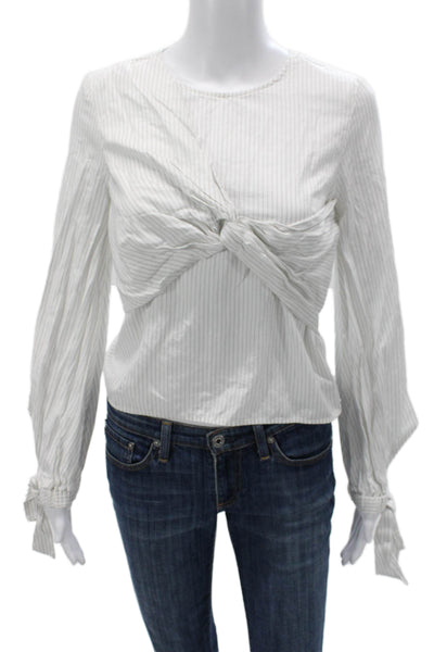 Milly Women Blouse White Striped Round Neck Long Sleeve Cotton Zip Size 4