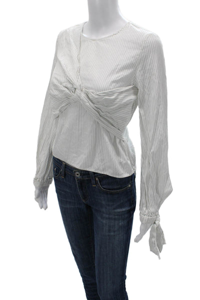 Milly Women Blouse White Striped Round Neck Long Sleeve Cotton Zip Size 4