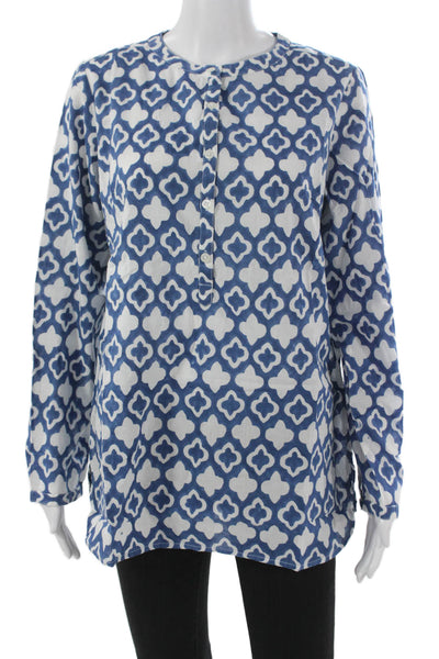 Madison Mathews Womens Blue Cotton Henley Tunic Blouse Long Sleeve Size S