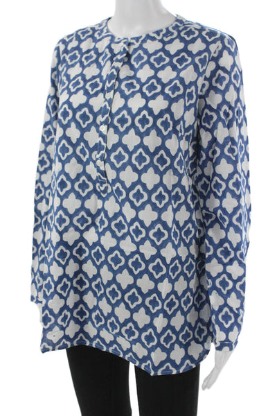 Madison Mathews Womens Blue Cotton Henley Tunic Blouse Long Sleeve Size S