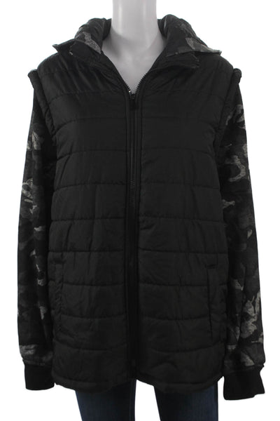 Machine Mens Puffer Jacket Black Camouflage Polyester Zip Size L