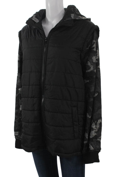 Machine Mens Puffer Jacket Black Camouflage Polyester Zip Size L