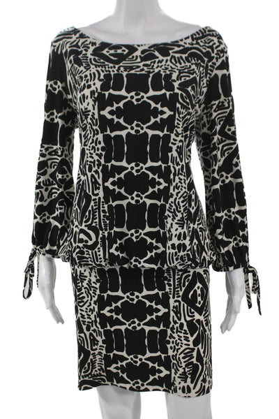Nicole Miller Women Blouson Dress Black Geometric Boat Neck Long Sleeve Size L