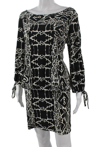 Nicole Miller Women Blouson Dress Black Geometric Boat Neck Long Sleeve Size L