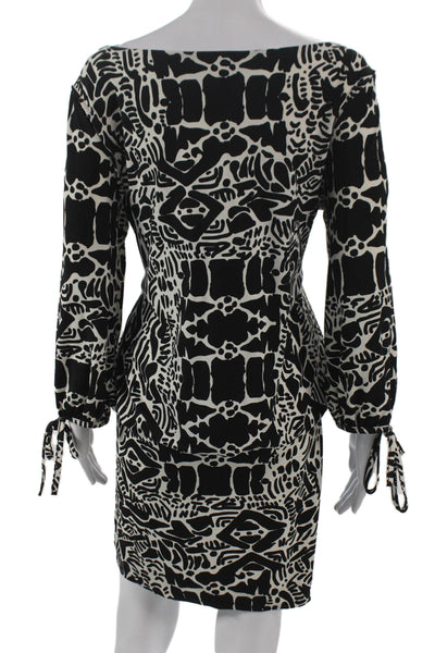 Nicole Miller Women Blouson Dress Black Geometric Boat Neck Long Sleeve Size L