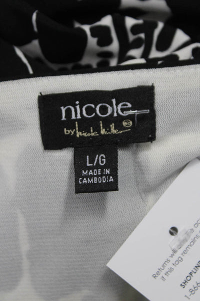 Nicole Miller Women Blouson Dress Black Geometric Boat Neck Long Sleeve Size L