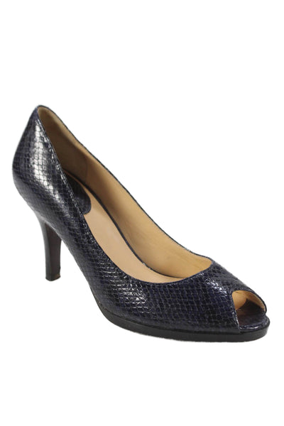 Cole Haan Womens Embossed Peep Toe Pumps Shoes Navy Blue Size 8B