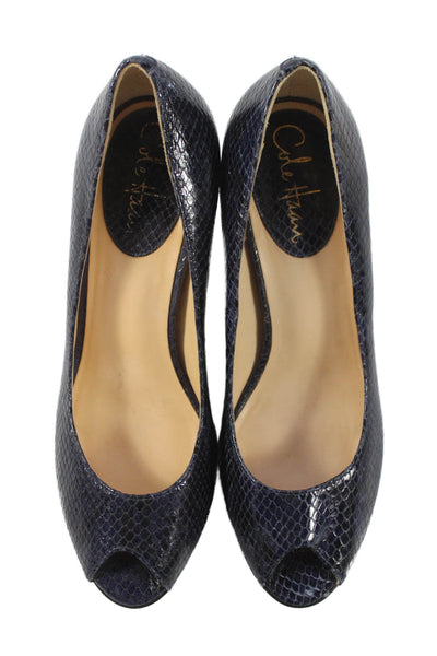 Cole Haan Womens Embossed Peep Toe Pumps Shoes Navy Blue Size 8B