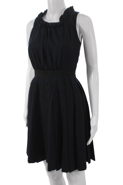 J Crew Womens Fit & Flare Dress Blue Wool High Neck Zip Knee Length Size 00