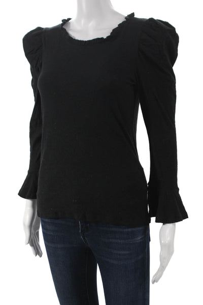 Nation LTD Womens Black Basic T-Shirt Pima Cotton Round Neck Long Sleeve Size S
