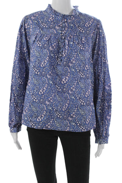 J Crew Womens Blue Floral Cotton High Neck Long Sleeve Blouse Size S