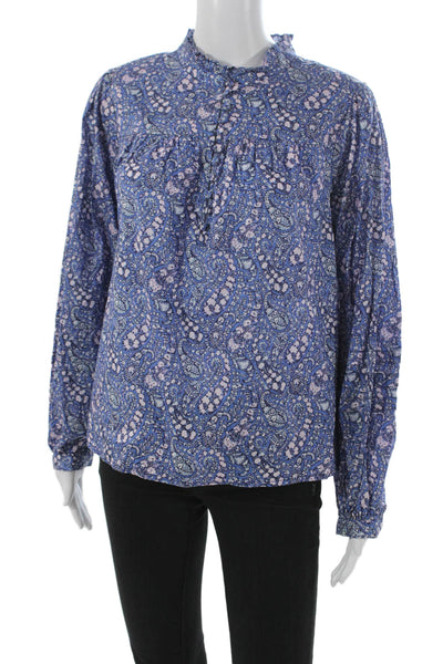 J Crew Womens Blue Floral Cotton High Neck Long Sleeve Blouse Size S