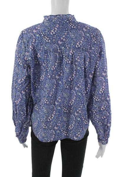 J Crew Womens Blue Floral Cotton High Neck Long Sleeve Blouse Size S