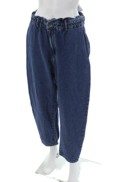 Zara Women Paperbag Jeans Blue High Rise Button 100% Cotton Size 12