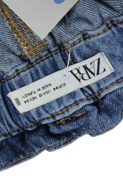 Zara Women Paperbag Jeans Blue High Rise Button 100% Cotton Size 12