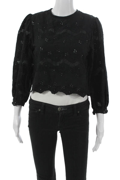 Natalie Martin Women Cropped Black Cotton Blouse Long Sleeve Size XS