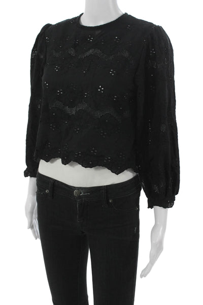 Natalie Martin Women Cropped Black Cotton Blouse Long Sleeve Size XS