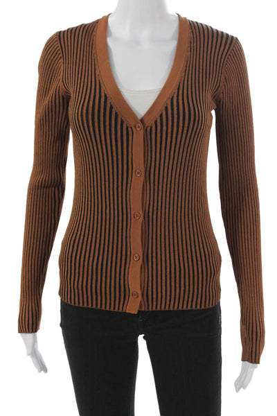 Staud Women Cardigan Brown Striped V-Neck Viscose Long Sleeve Size XS